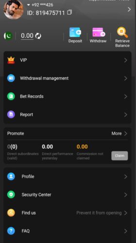 profile page of p999 game app.